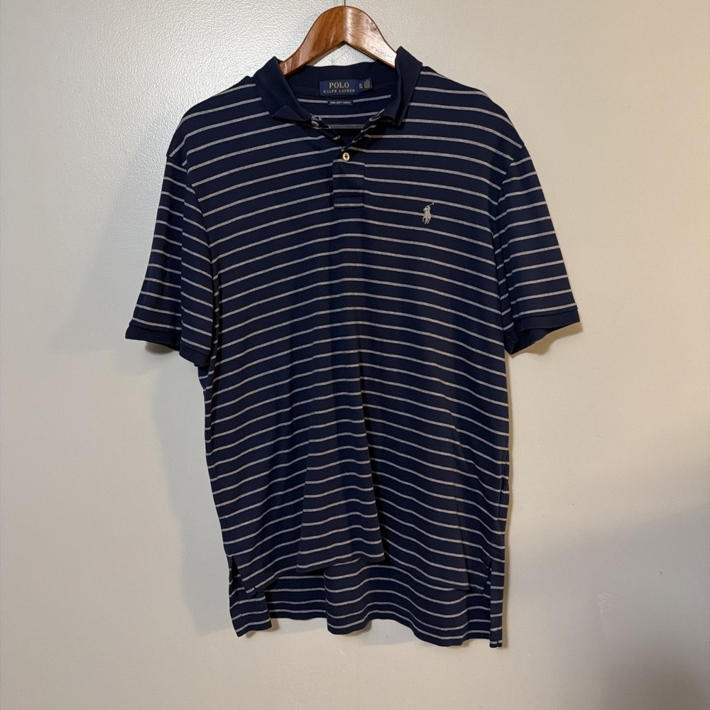 Polo Ralph Lauren Short Sleeve Men XL Pima Soft Touch Navy Blue Gray Striped PRL